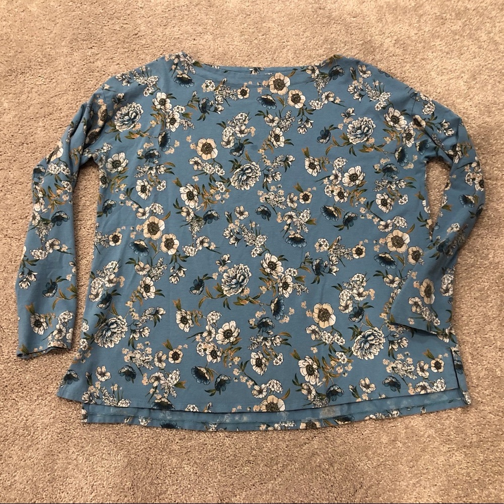 J. Jill Luxe Supima boat-neck tee, Size MP, in soft green blue floral print